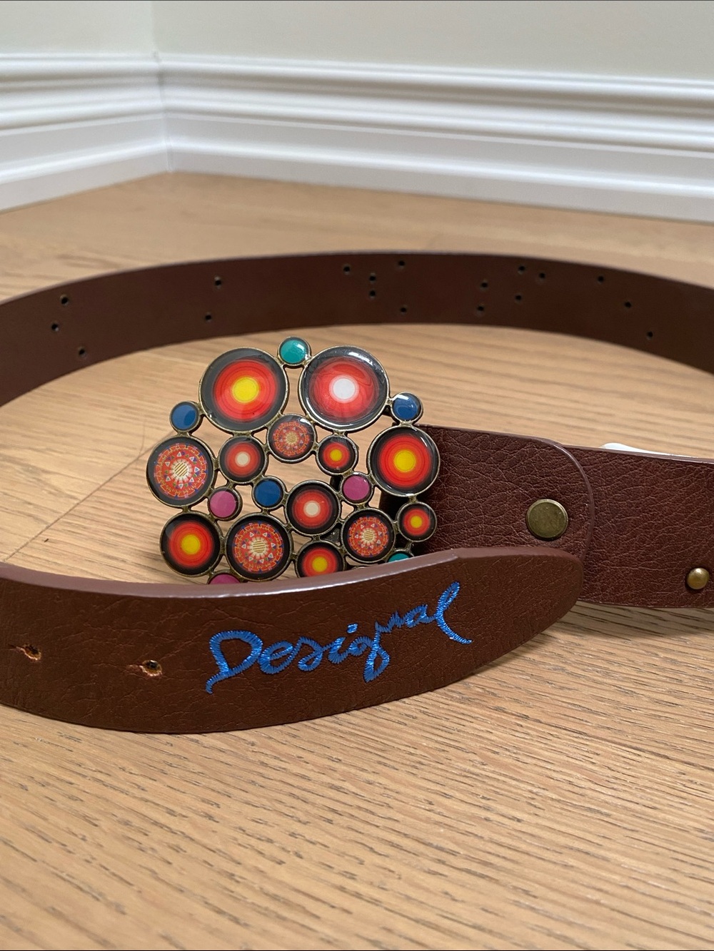 Desigual Brown Belt with Multicolor Enamel Cluster Buckle